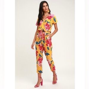 Lulu's Successful Statice Mustard Yellow Floral Jumpsuit